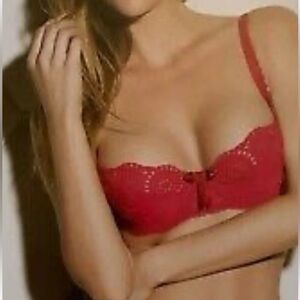 Victoria Secret Dream Angel Red Lace Trim Bra Sz 34B Lined Demi